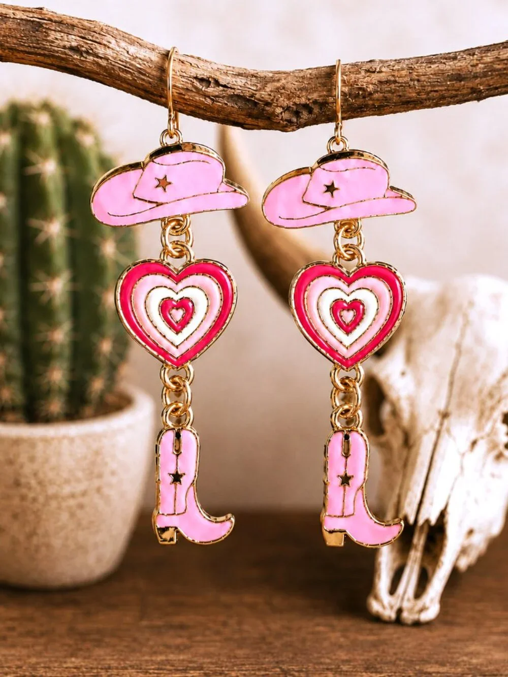 Pink Cowgirl Hat Heart Boot Dangle Earrings Western Nashville Boutique Chic NWT